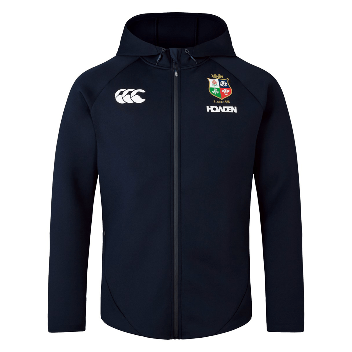 The British &amp; Irish Lions 2025 Everest Hoodie by Canterbury is a navy garment made from recycled polyester, featuring a hood and full zipper. It prominently showcases two logos on the front: a white emblem and a multicolored crest, embodying the spirit of the British &amp; Irish Lions.