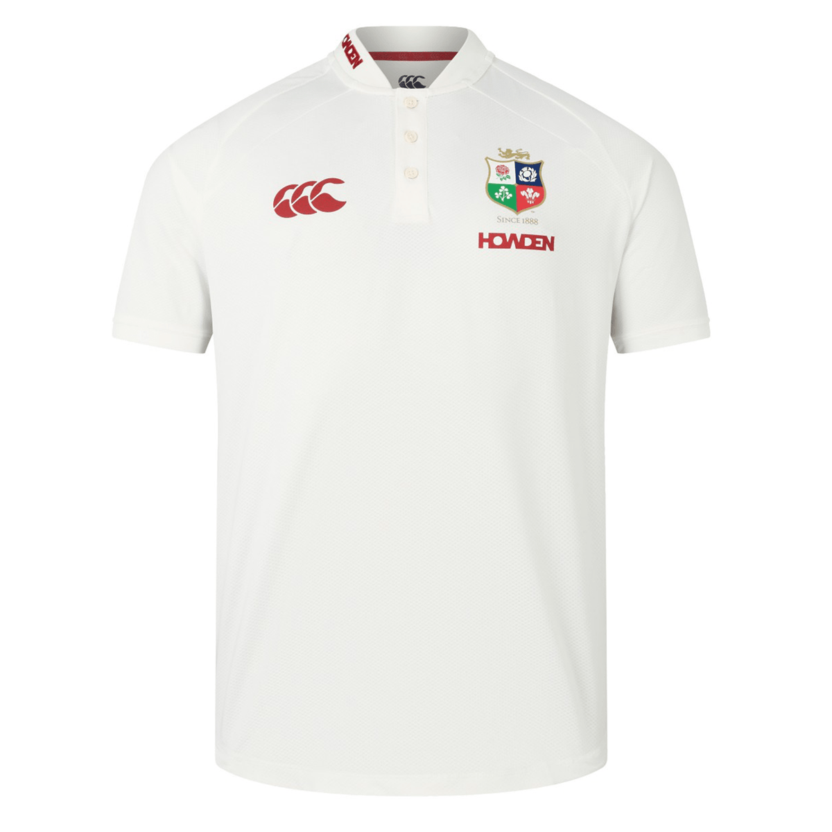 The British &amp; Irish Lions 25 Poly Polo by Canterbury is a white rugby jersey featuring an embossed BIL neck tape, a red logo on the left chest, a crest on the right chest, and "HONDA" text. This quick-drying design includes a classic collar with three buttons, reflecting the style of a traditional British &amp; Irish Lions polo.