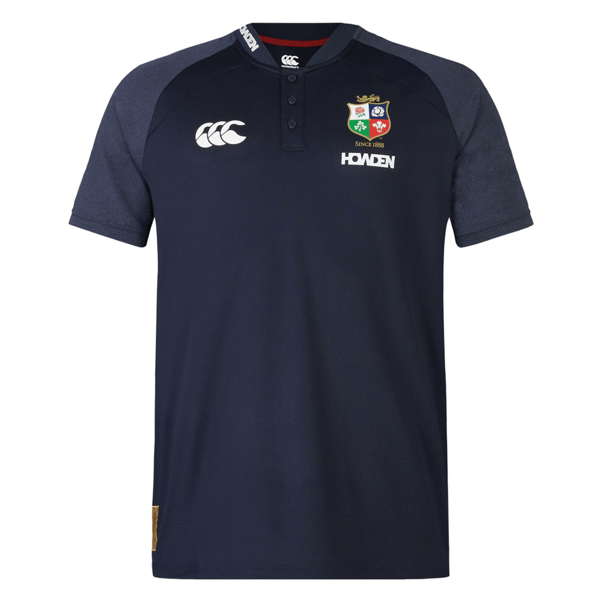 Dark blue British &amp; Irish Lions 25 Poly Polo by Canterbury with black sleeves, featuring white Canterbury logos on the chest and colorful emblems. "Marki, since 1888" is written below the top emblem. Crafted from quick-drying fabric, this design ensures comfort during any activity.