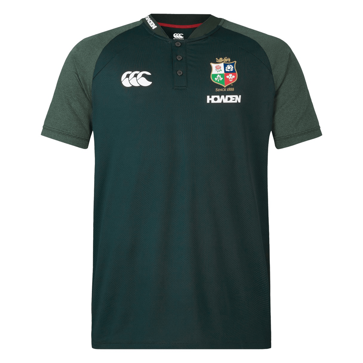 The British &amp; Irish Lions 25 Poly Polo by Canterbury is a green rugby jersey with dark sleeves. It features white logos on the chest and a small crest on the left side. Made from breathable fabric, this polo ensures comfort during play and offers quick-drying convenience.