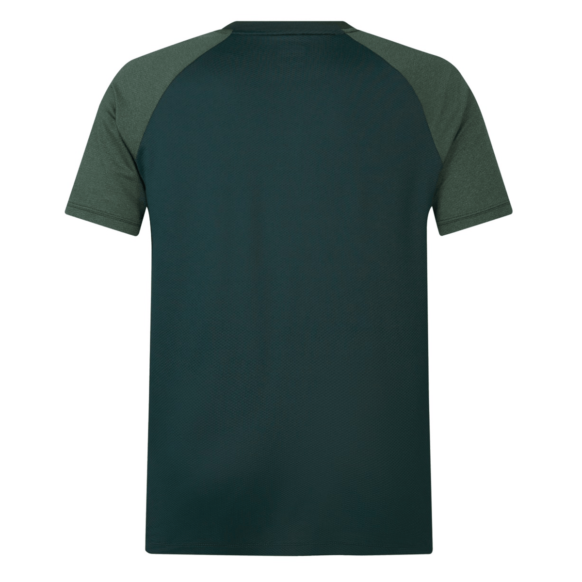 The British &amp; Irish Lions 25 Poly Polo by Canterbury features dark green short sleeves with lighter green raglan sleeves, crafted from breathable fabric for quick-drying comfort, shown from the back.