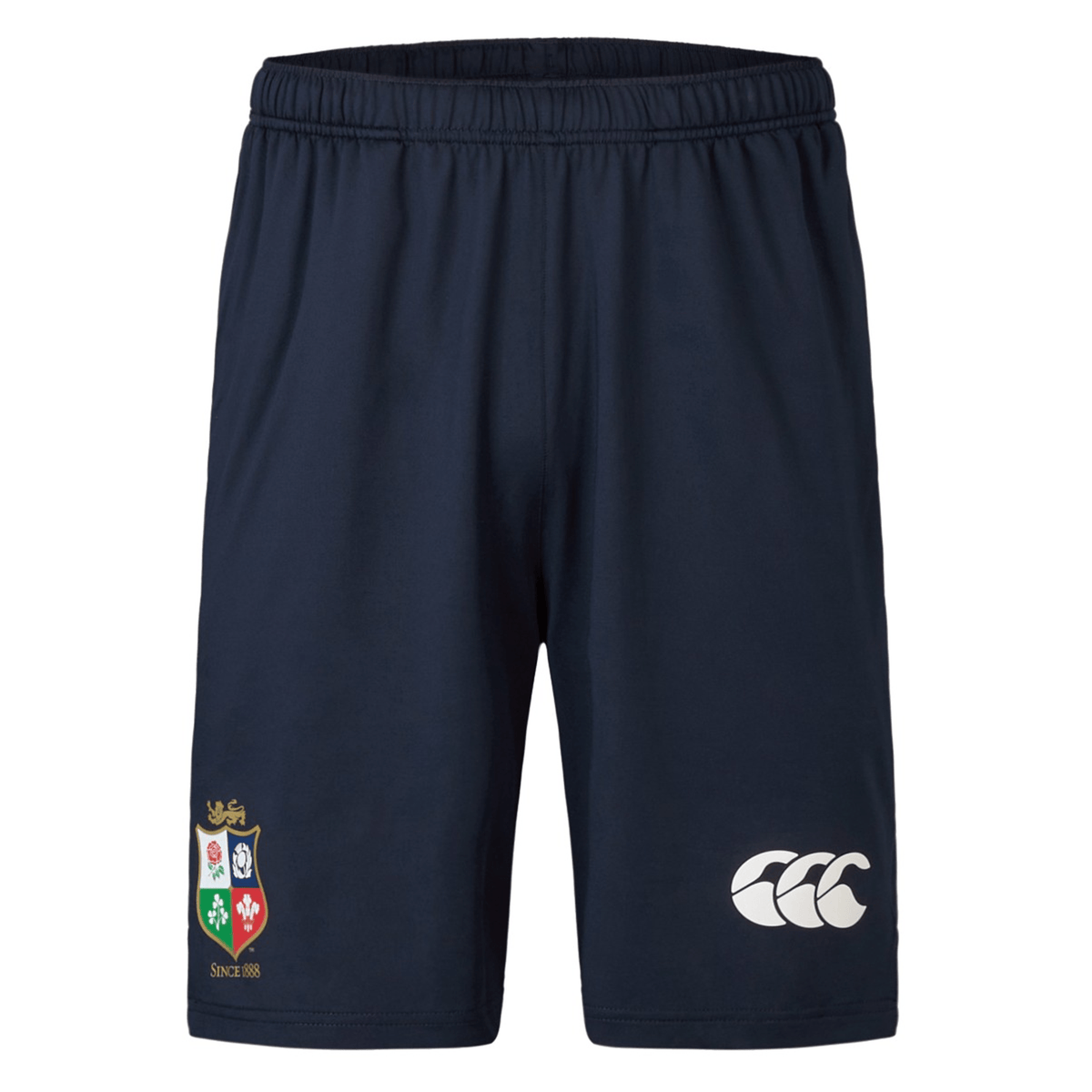 The British &amp; Irish Lions 2025 Training Shorts by Canterbury are navy blue and feature a crest on the left leg and a logo on the right leg, making them ideal for tough training sessions.