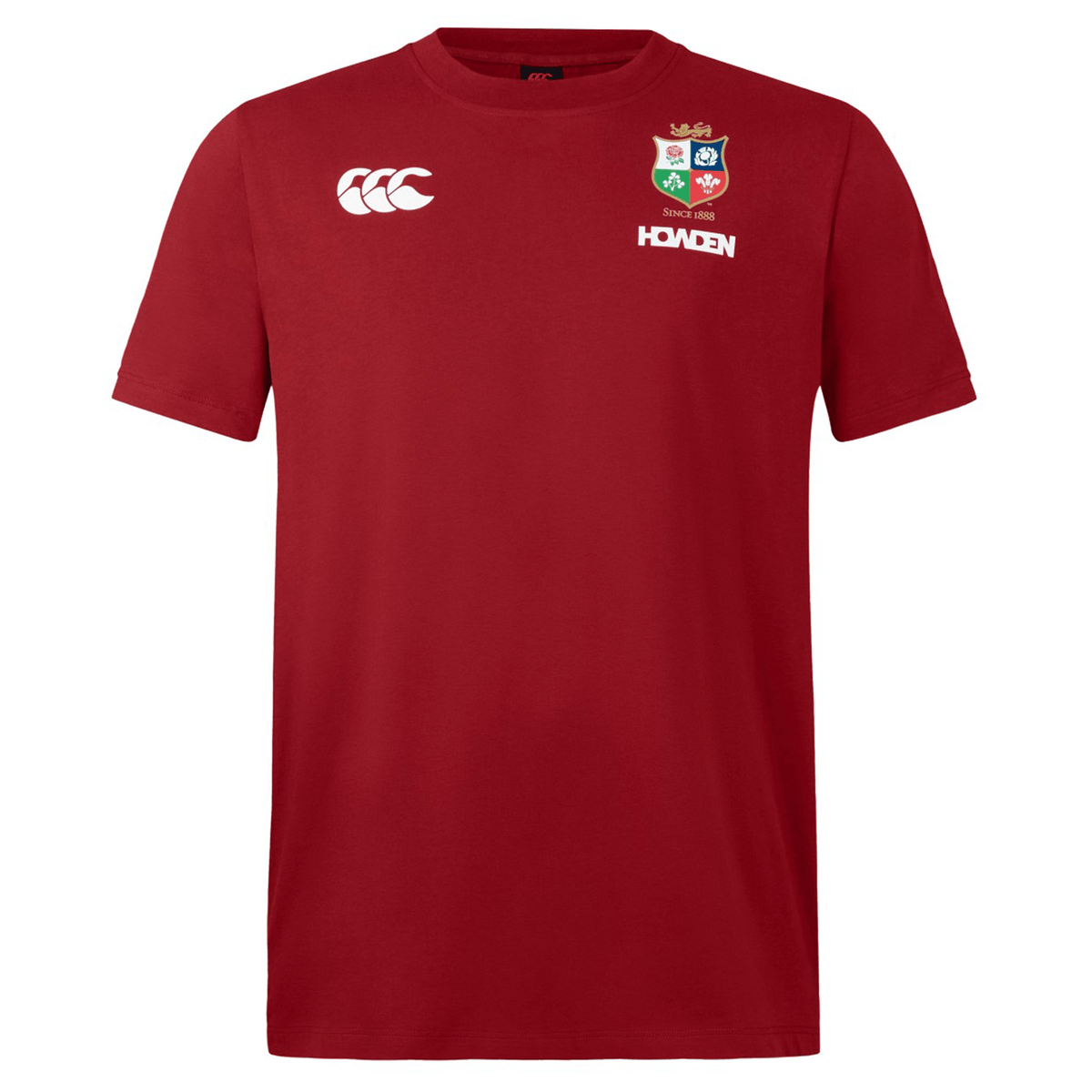 Introducing the British &amp; Irish Lions 2025 Cotton Jersey Tee by Canterbury, made from organic cotton, adorned with the iconic logo and crest of the British &amp; Irish Lions in a striking red. It's an ideal choice for any devoted rugby fan.