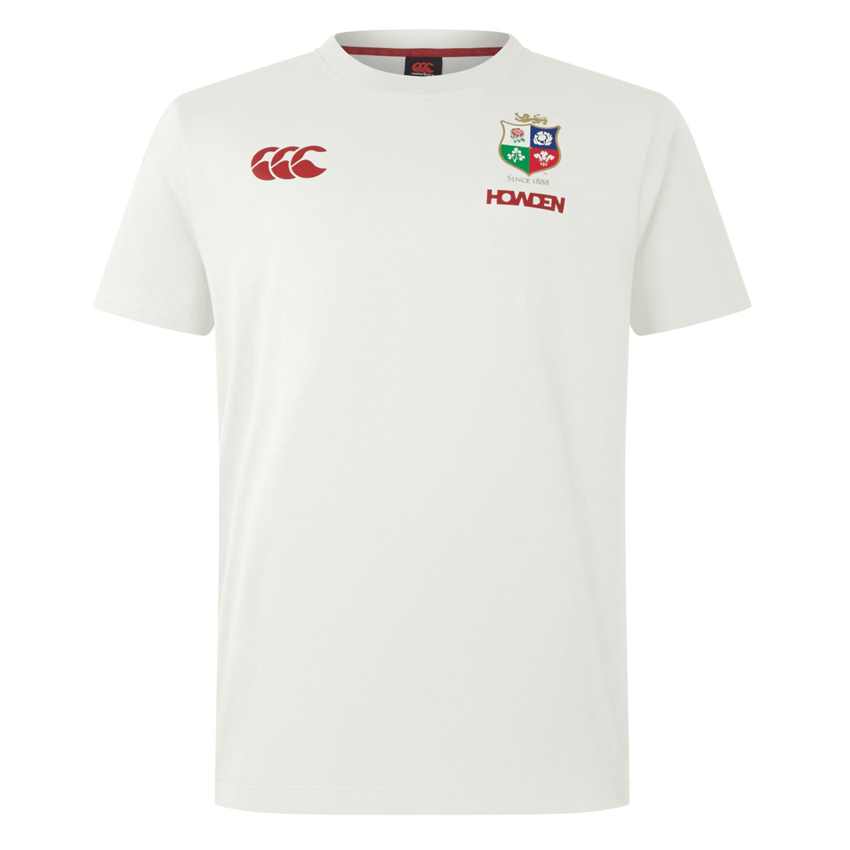 Presenting the British &amp; Irish Lions 2025 Cotton Jersey Tee by Canterbury, this jersey is made from organic cotton and showcases the red Canterbury logo on the right side, along with the iconic British &amp; Irish Lions crest. Additionally, "HONDA" is prominently displayed beneath the crest, making it an essential piece for any rugby enthusiast.
