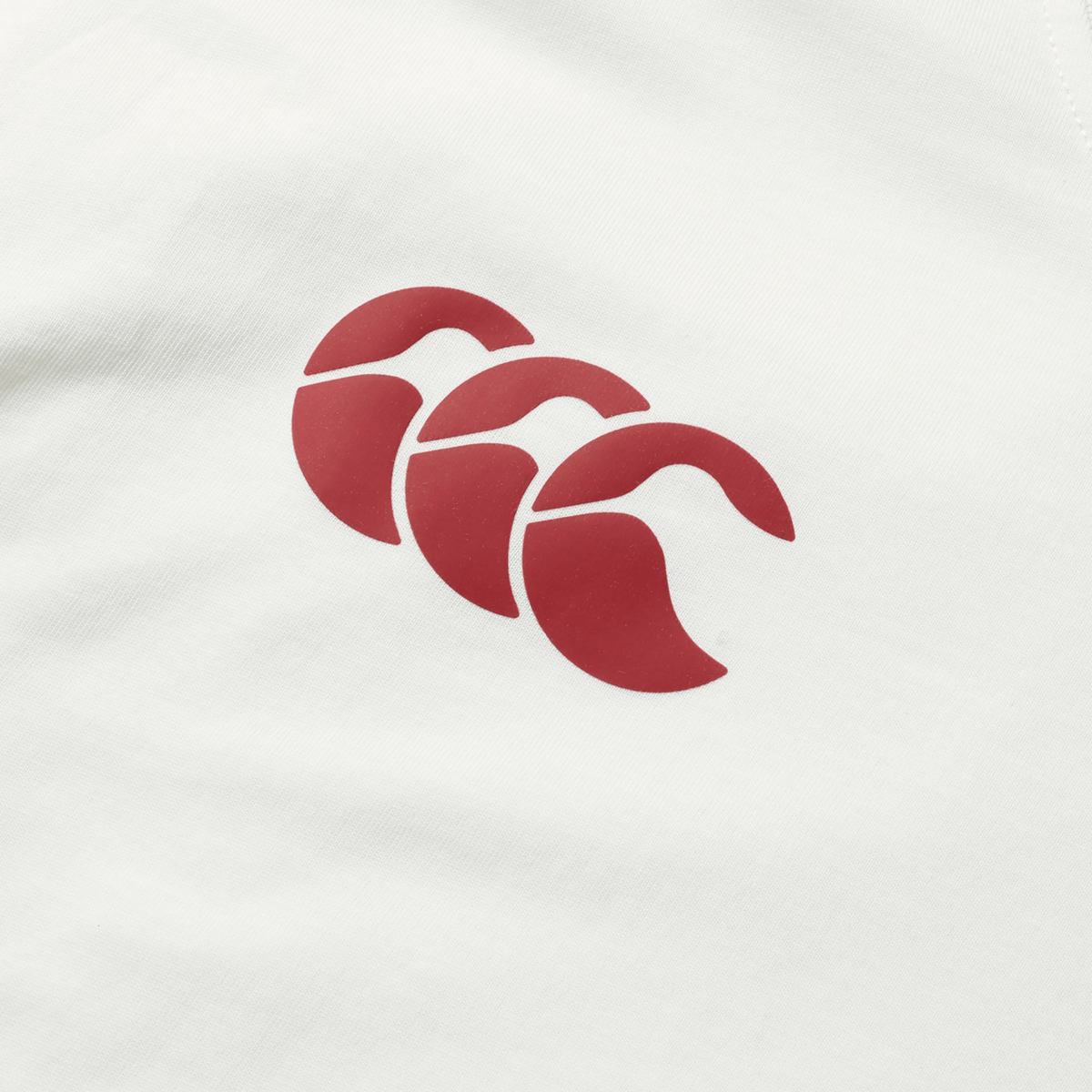 A close-up of the British &amp; Irish Lions 2025 Cotton Jersey Tee by Canterbury, crafted from organic cotton and adorned with a red logo featuring three overlapping crescent-like shapes – an ideal choice for any devoted British &amp; Irish Lions rugby fan.