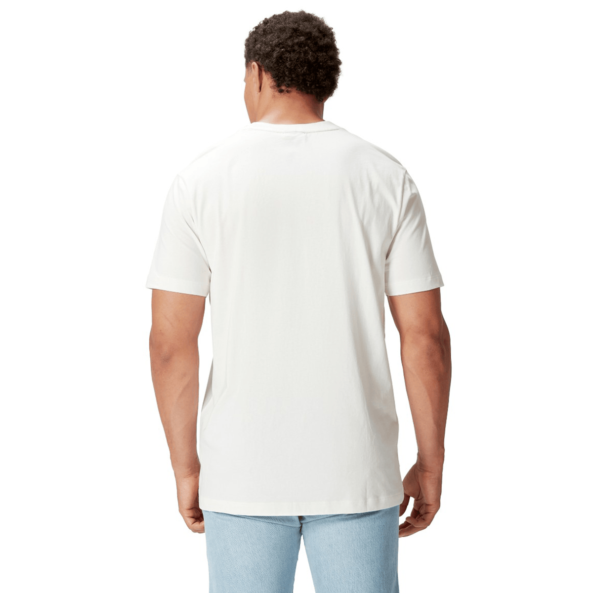 A person wearing the British &amp; Irish Lions 2025 Cotton Jersey Tee by Canterbury, made of organic cotton, and blue jeans stands with their back to the camera against a plain white background, evoking the casual style of a devoted rugby supporter.