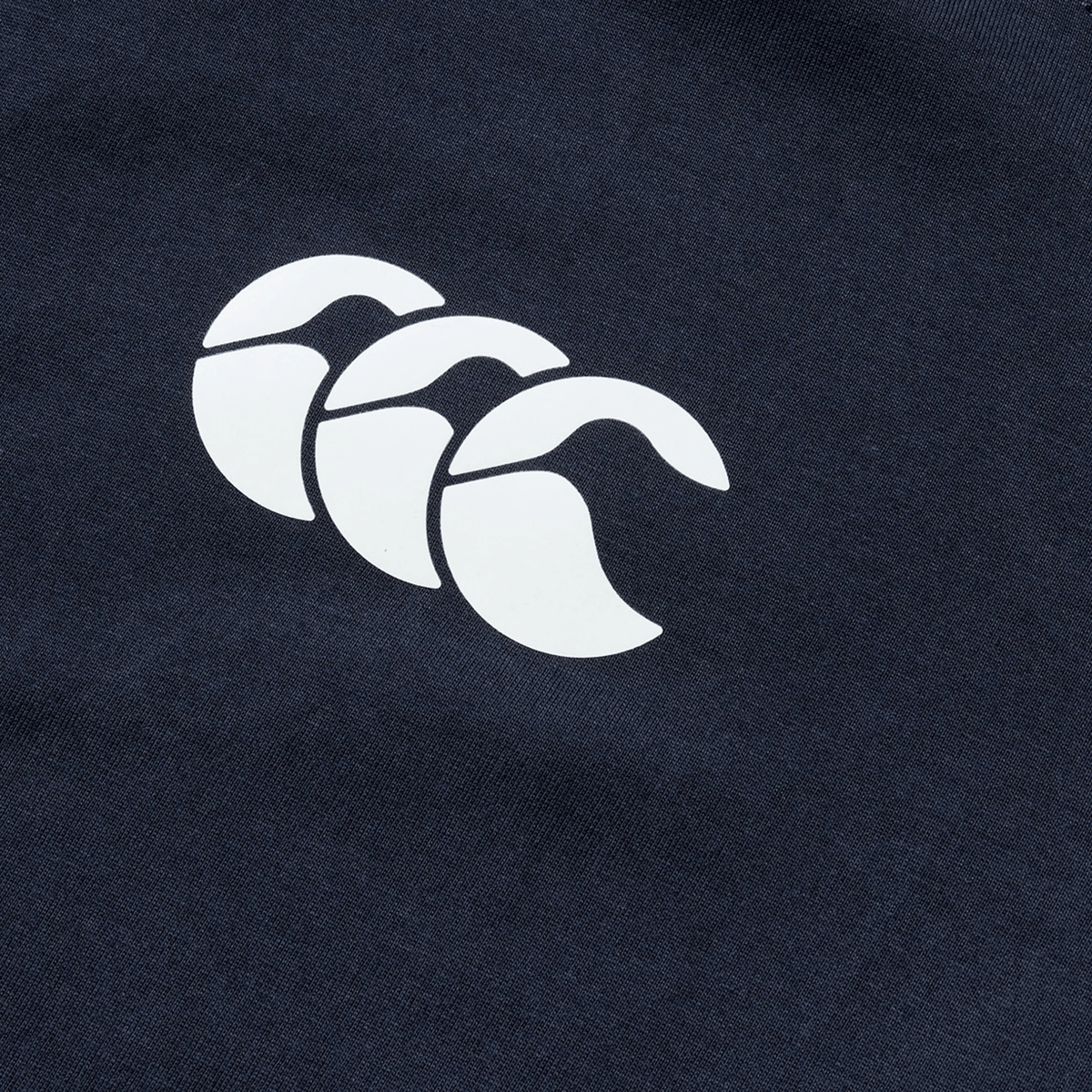 The British &amp; Irish Lions 2025 Cotton Jersey Tee by Canterbury is made from organic cotton and showcases a white logo of three overlapping stylized waves on navy blue fabric.