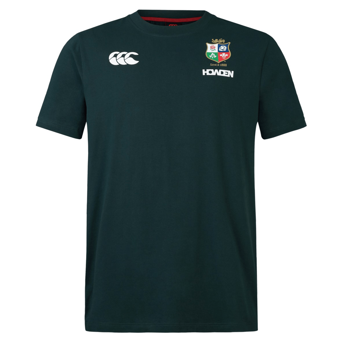 Dark green British &amp; Irish Lions 2025 Cotton Jersey Tee by Canterbury, made from organic cotton and showcasing the Canterbury logo and shield crest on the front—an essential piece for every dedicated rugby supporter.