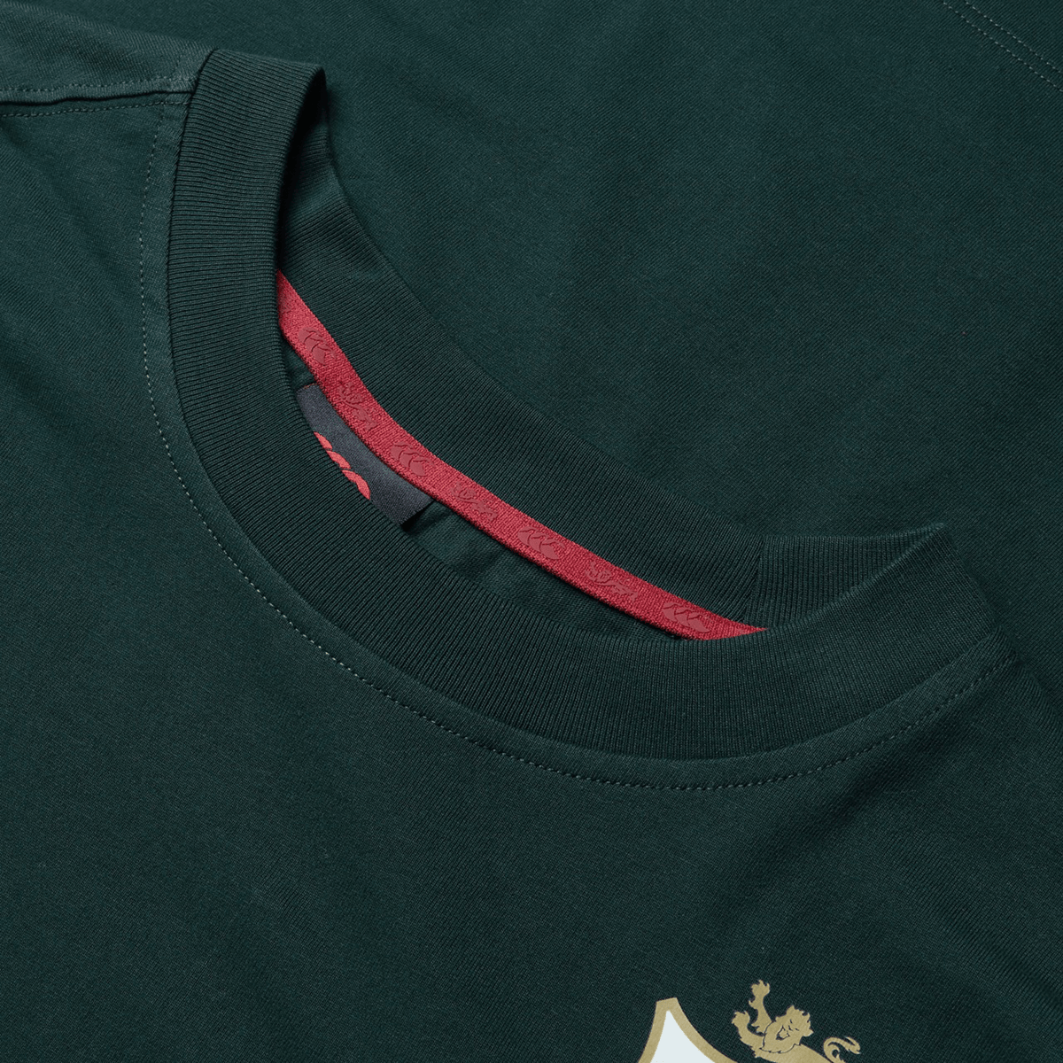 Close-up of the British &amp; Irish Lions 2025 Cotton Jersey Tee by Canterbury, a dark green T-shirt made from organic cotton. It features a red-lined inner collar and a small crest on the front, making it perfect for dedicated rugby supporters who want to embody the spirit of the British &amp; Irish Lions.