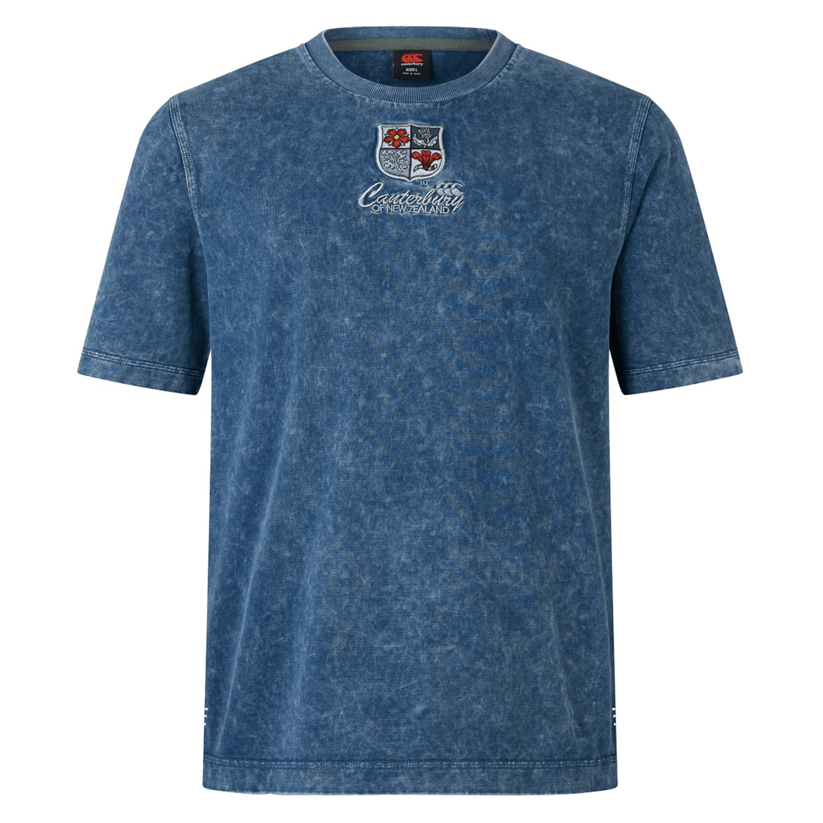 The British &amp; Irish Lions 25 Heritage Tee by Canterbury in blue showcases short sleeves, with an embroidered logo and crest on the chest, drawing inspiration from the British &amp; Irish Lions.
