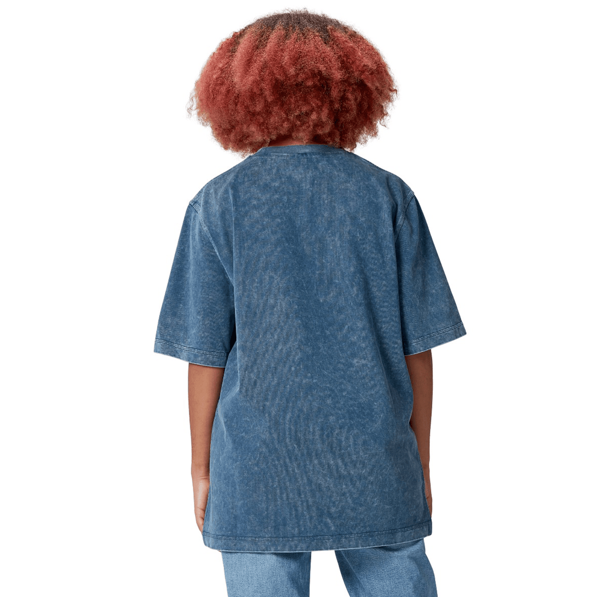 A person with curly red hair is wearing a blue British &amp; Irish Lions 25 Heritage Tee by Canterbury and jeans, facing away.