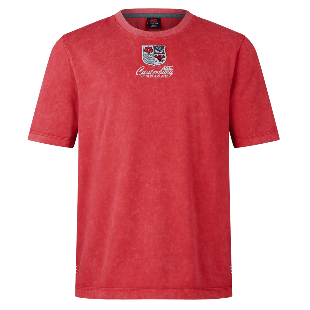 The British &amp; Irish Lions 25 Heritage Tee by Canterbury is a red t-shirt made from organic cotton, showcasing a chest logo with text and a classic crest design inspired by the British &amp; Irish Lions.