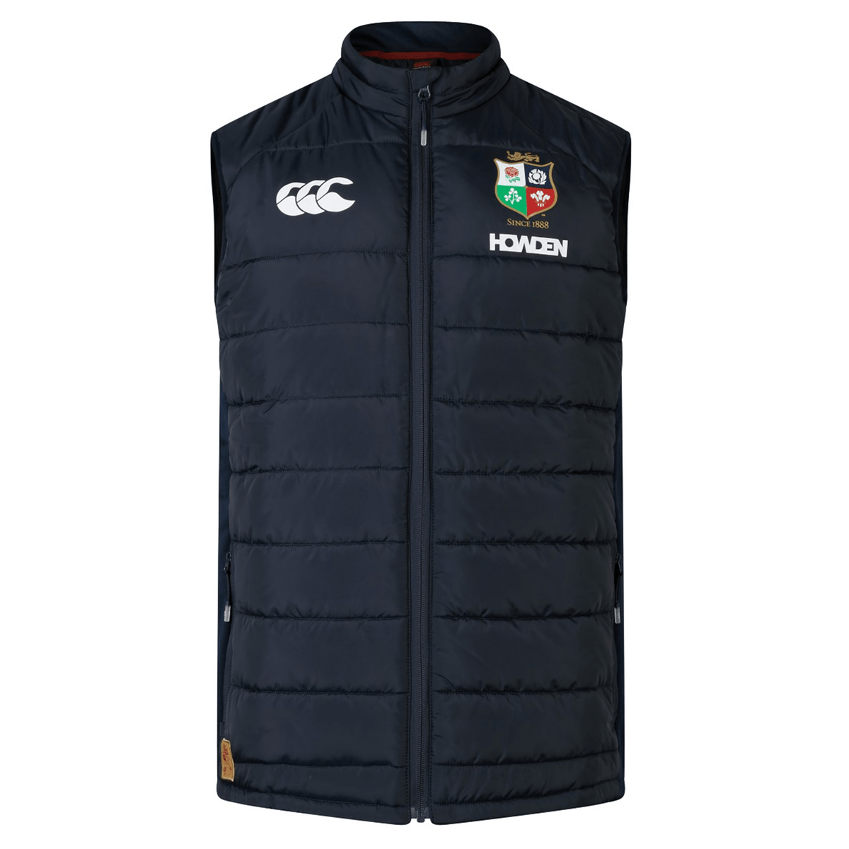 The British &amp; Irish Lions 2025 Microlight Gilet by Canterbury comes in navy blue and showcases the British and Irish Lions logo, the Canterbury logo, and "Home" text on the front. Made with thermoreg fabric and recycled polyester, it combines style with sustainability.