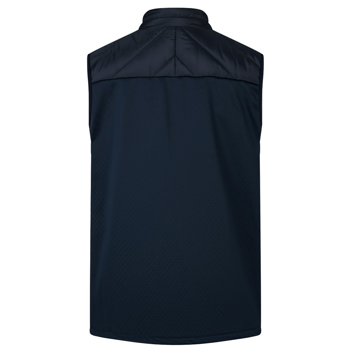 This navy blue sleeveless jacket, known as the British &amp; Irish Lions 2025 Microlight Gilet by Canterbury, is displayed from the back. It includes a high collar and a quilted upper section designed with thermoreg fabric for optimal warmth. Additionally, it is crafted from recycled polyester.