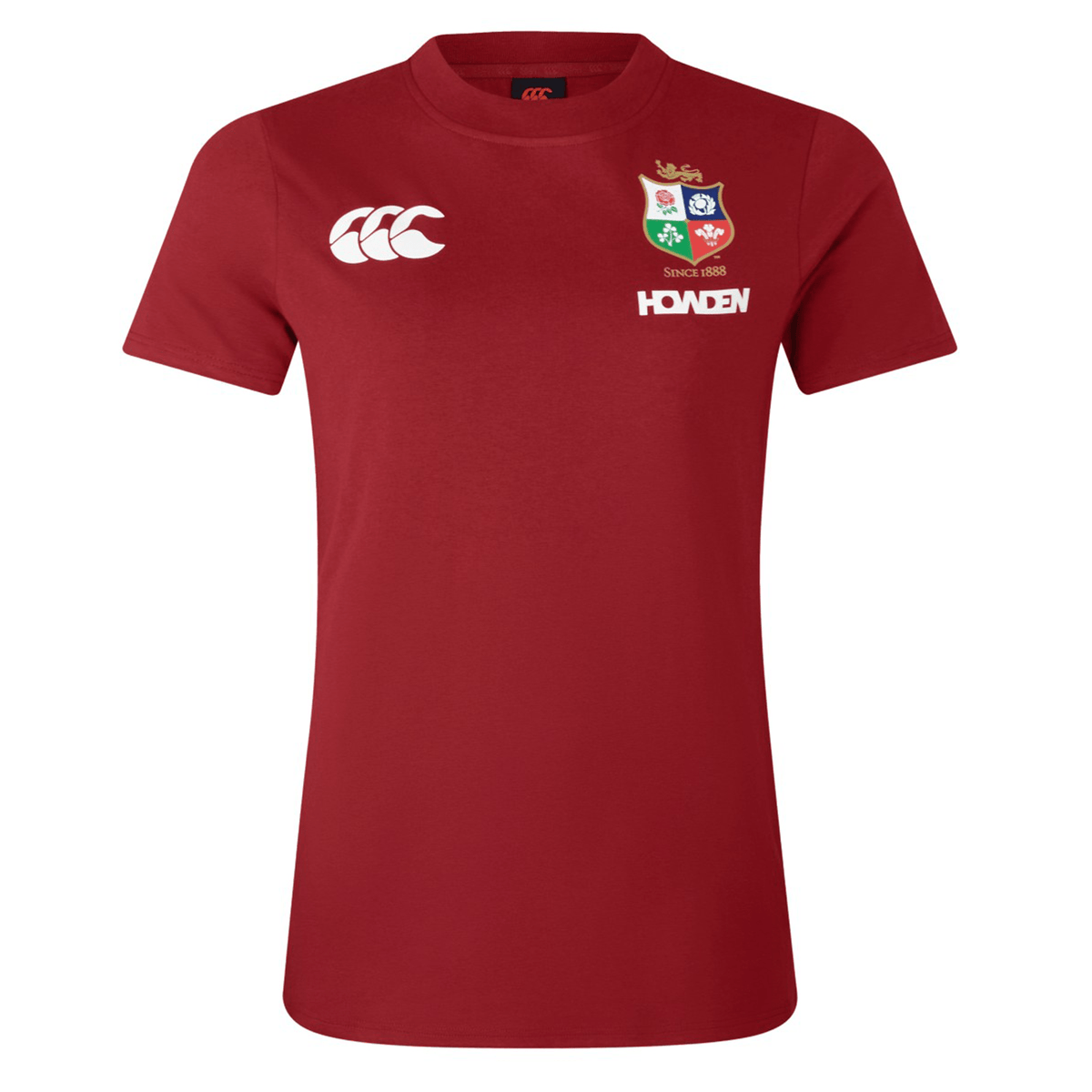 Women's British &amp; Irish Lions 25 Cotton Jersey Tee by Canterbury, made from organic cotton with a white "CCC" logo on the left shoulder and a multi-colored crest on the right chest. "HONDEN" is printed below the crest, making it ideal for rugby enthusiasts.