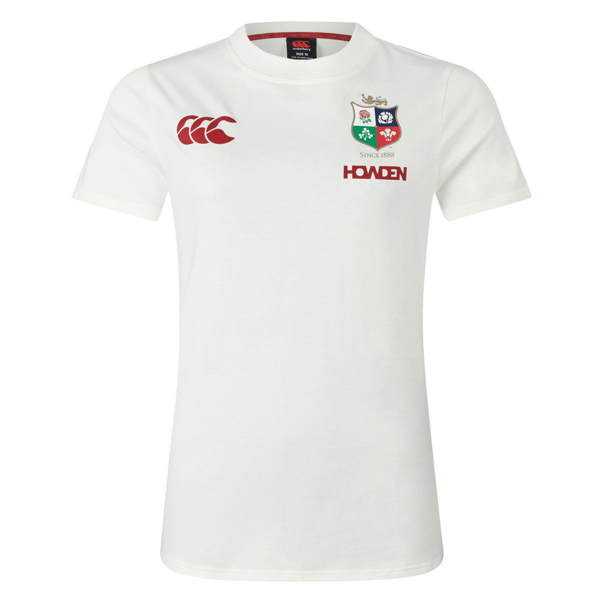 Women's British &amp; Irish Lions 25 Cotton Jersey Tee by Canterbury, made from organic cotton, features a logo on the left chest with red stitching and "Howden" text underneath. Ideal for rugby fans, it includes a black fabric neck tag visible at the collar.