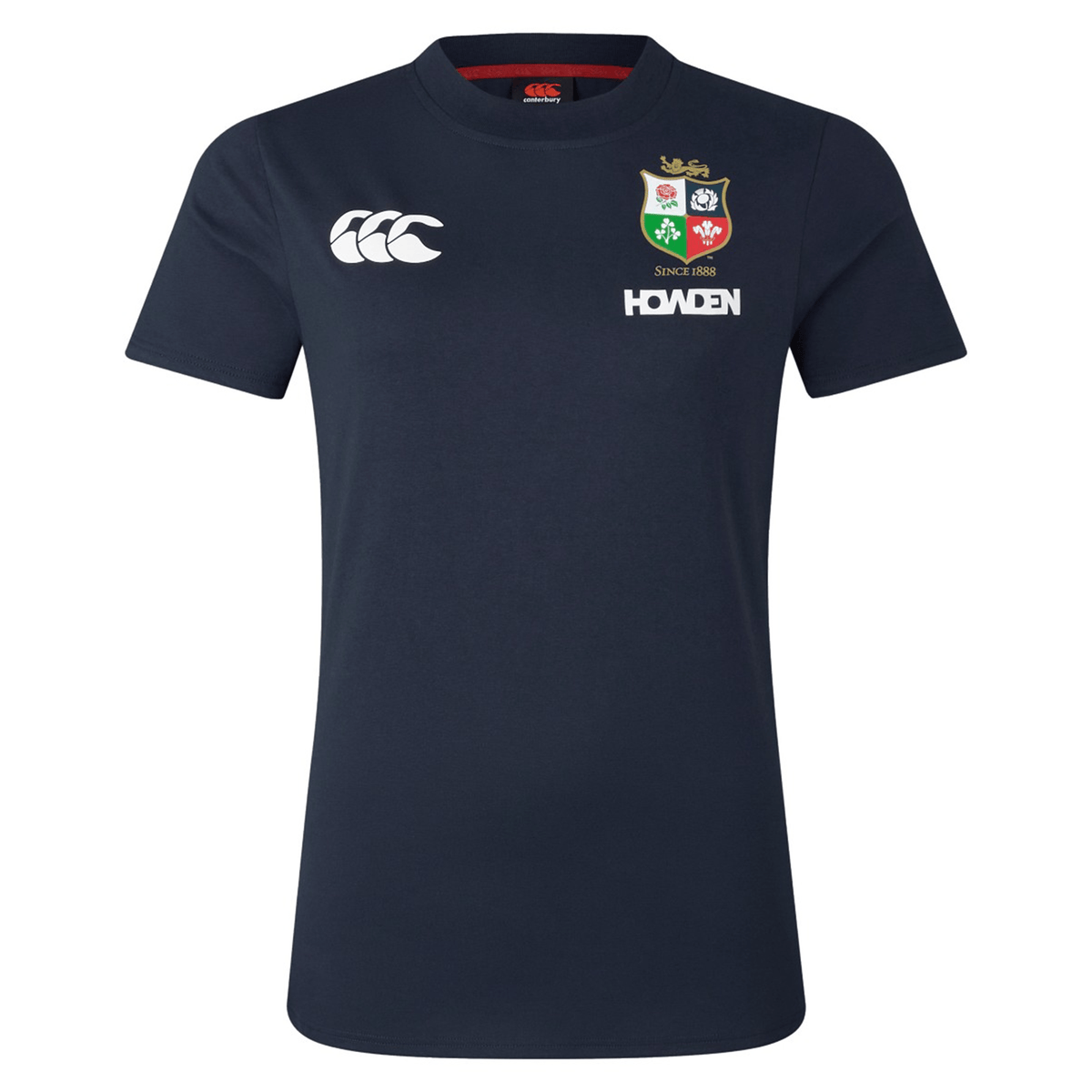 This Women's British &amp; Irish Lions 25 Cotton Jersey Tee by Canterbury, crafted from soft organic cotton in navy blue, features a sponsor logo and a chest crest with four emblems. Perfect for any rugby supporter who values the spirit of the British &amp; Irish Lions.