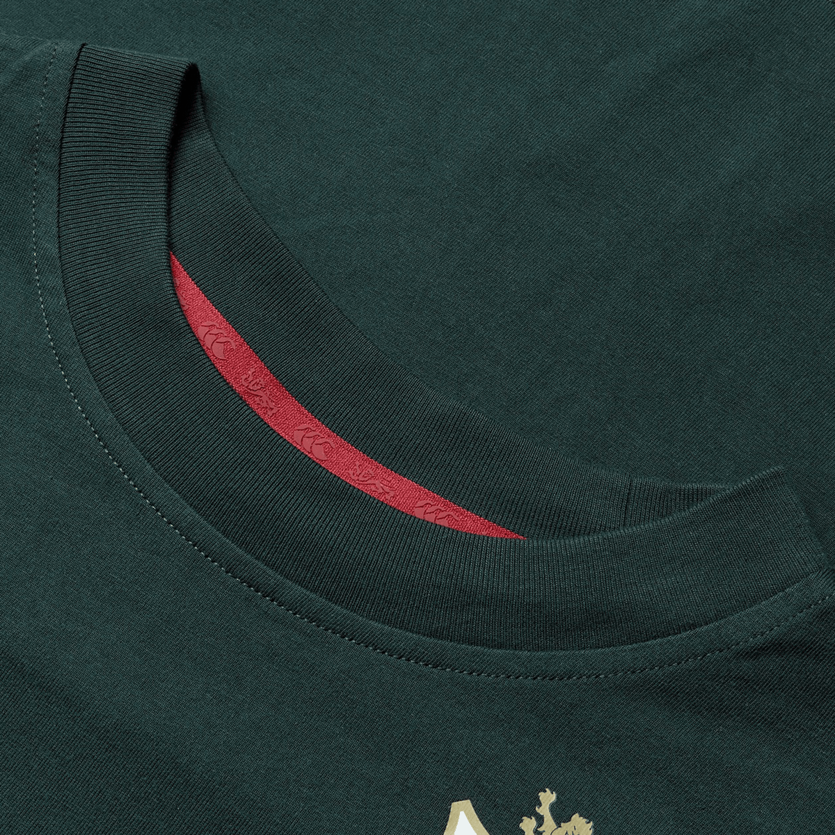 Close-up of the neckline of the Women's British &amp; Irish Lions 25 Cotton Jersey Tee by Canterbury in dark green, made from organic cotton with a visible red inner lining. The shirt includes a small, partial gold logo at the bottom edge, making it ideal for any rugby fan who wants to express their passion subtly.