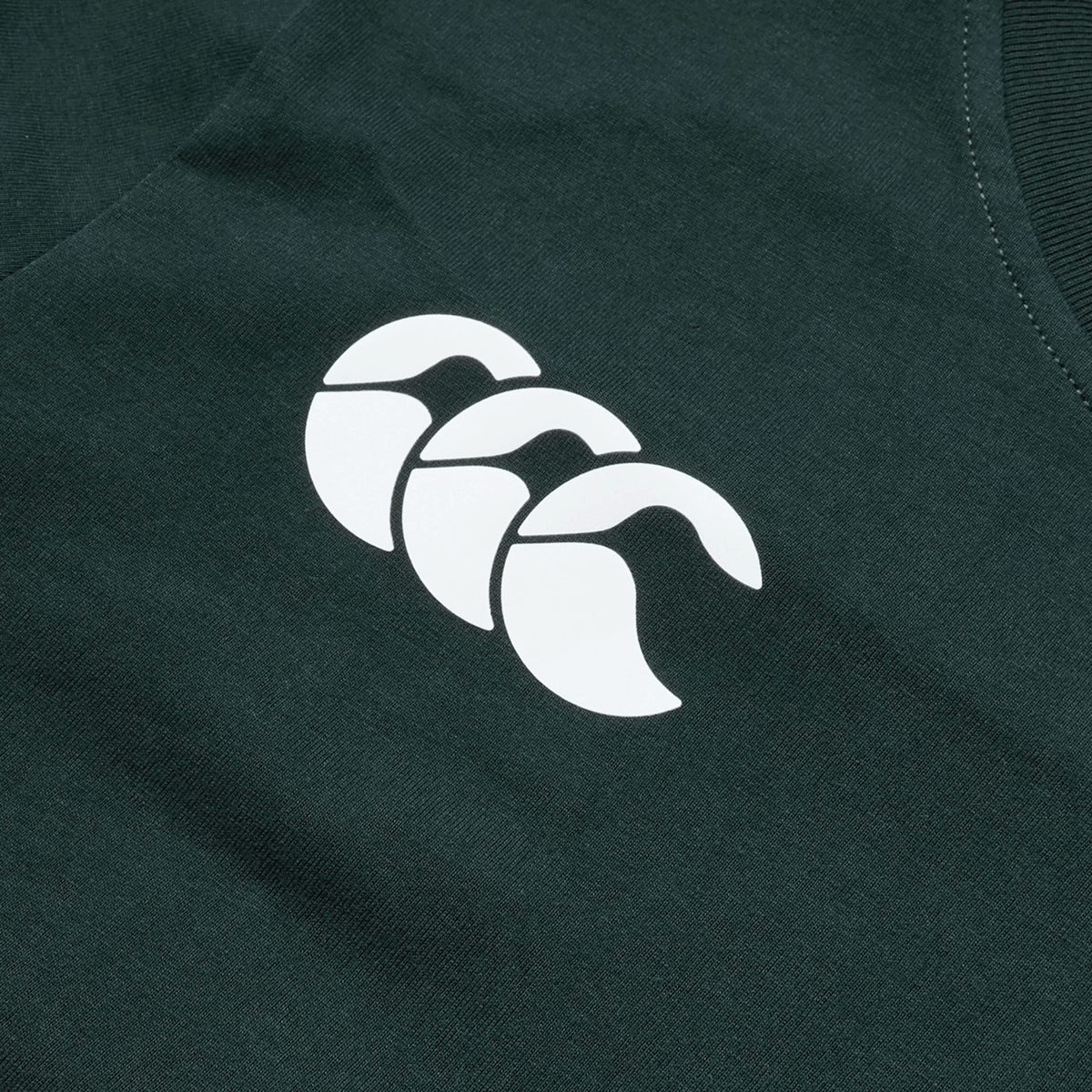 Close-up of the British &amp; Irish Lions 2025 Women's Cotton Jersey Tee by Canterbury, a dark green garment made from organic cotton, showcasing a white logo with three stylized, overlapping curves – perfect for any rugby supporter.