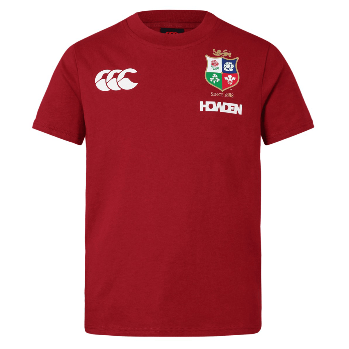 The Youth British &amp; Irish Lions 2025 Cotton Jersey Tee by Canterbury is a red rugby shirt made from organic cotton, featuring the white Canterbury logo, a four-animal crest, and the text &quot;SINCE 1888&quot; and &quot;HOMDEN,&quot; ideal for any rugby supporter or fan of the British &amp; Irish Lions.