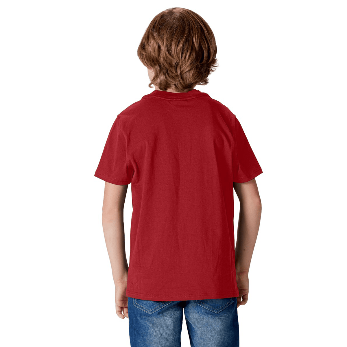 A brown-haired child, clad in the Youth British &amp; Irish Lions 2025 Cotton Jersey Tee by Canterbury and blue jeans, stands facing away like a dedicated rugby supporter.