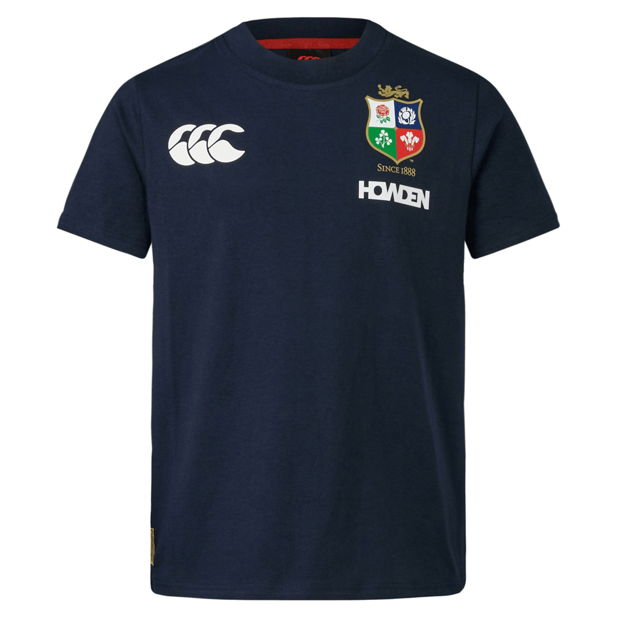 The Youth British &amp; Irish Lions 2025 Cotton Jersey Tee by Canterbury is made of organic cotton in navy blue, featuring the iconic logo with &quot;SINCE 1888,&quot; the Canterbury logo, and &quot;HOWDEN&quot; on the front.