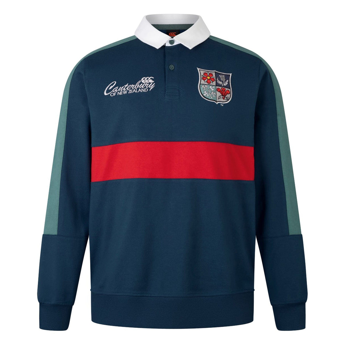 The British &amp; Irish Lions 2025 Heritage Jersey by Canterbury, featuring a dark blue design with long sleeves, a white collar, a red horizontal stripe, and the logo on the chest, highlights its Canterbury heritage.