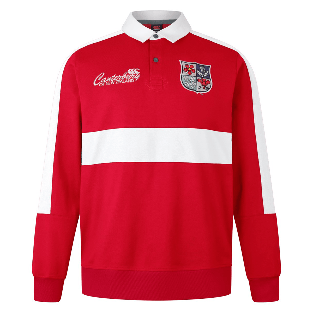 The British &amp; Irish Lions 2025 Heritage Jersey by Canterbury is a red rugby shirt with white horizontal stripes, complete with a collar and embroidered logos on the chest, capturing the legacy of the British &amp; Irish Lions.