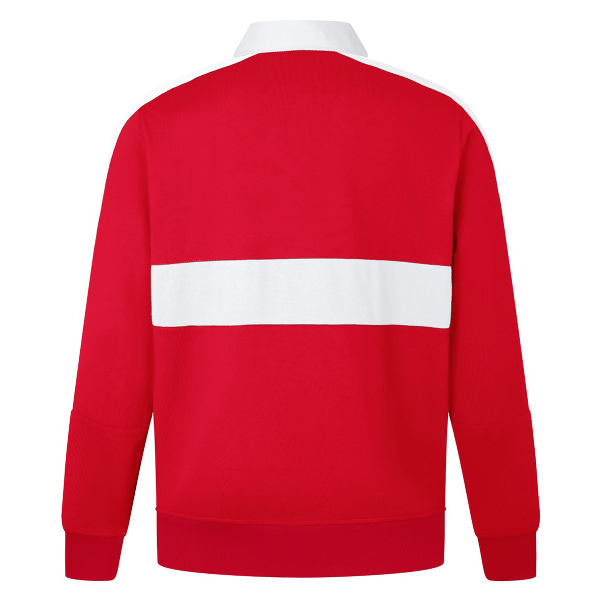 Back view of a red British &amp; Irish Lions 2025 Heritage Jersey by Canterbury, featuring a wide horizontal white stripe across the upper back and shoulders, reminiscent of the classic design.