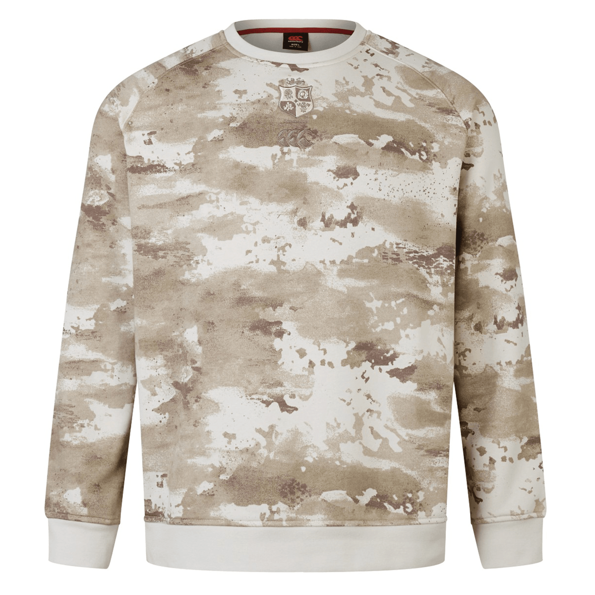 Set against a simple backdrop, the British &amp; Irish Lions 25 Camo Crew Sweatshirt by Canterbury showcases a beige and brown camouflage design, ideal for supporters of the British &amp; Irish Lions.
