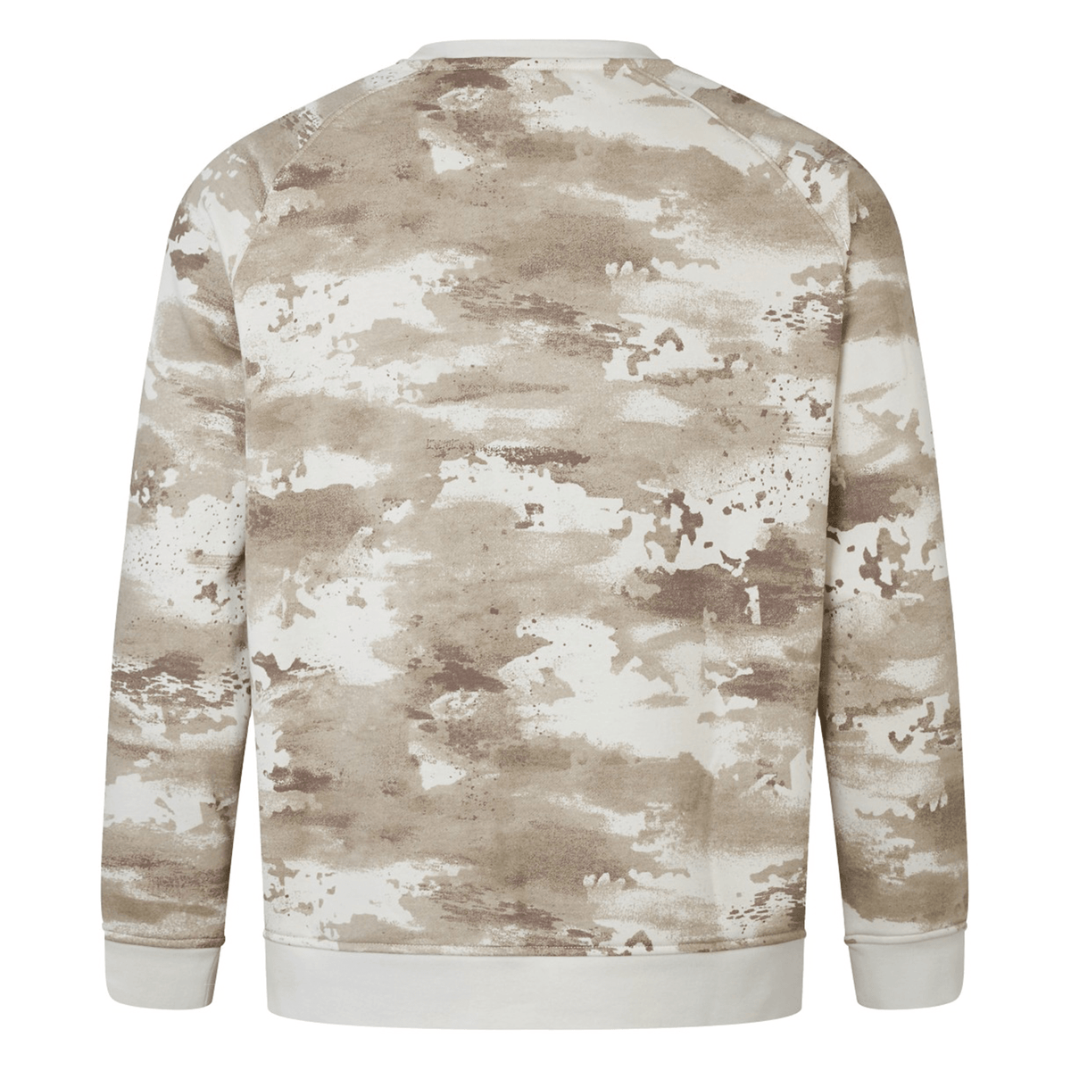 A British &amp; Irish Lions 25 Camo Crew Sweatshirt by Canterbury, showcasing a beige and brown camouflage pattern on a white backdrop, viewed from the back.