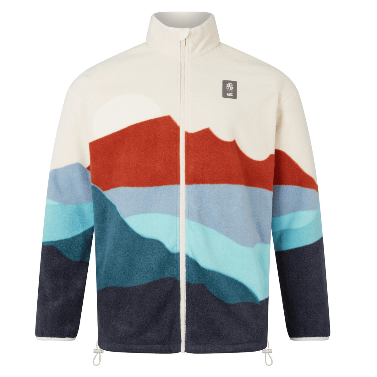 The British &amp; Irish Lions 2025 Outback Full-Zip Fleece Jacket by Canterbury showcases a vibrant mountain landscape design with shades of red, blue, and cream, making it an ideal choice for British &amp; Irish Lions enthusiasts.