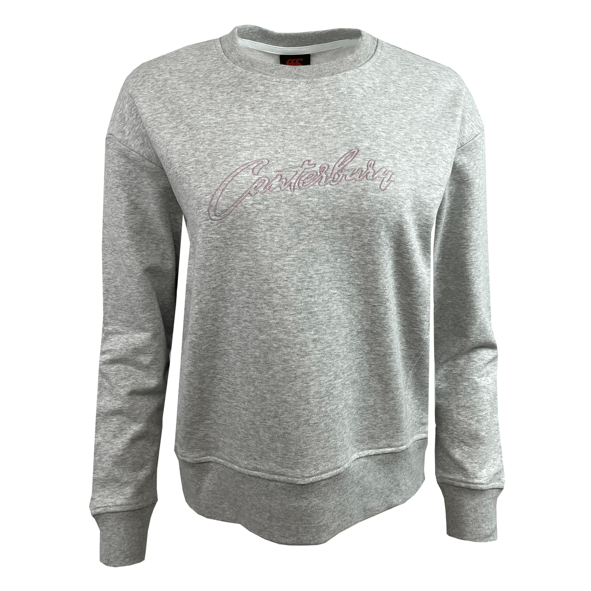 The Women&#39;s Canterbury Scene Set Crew Sweatshirt by Canterbury is a relaxed fit gray top with &quot;Canterbury&quot; in pink script on the chest, and rib knit cuffs and hem for comfort.