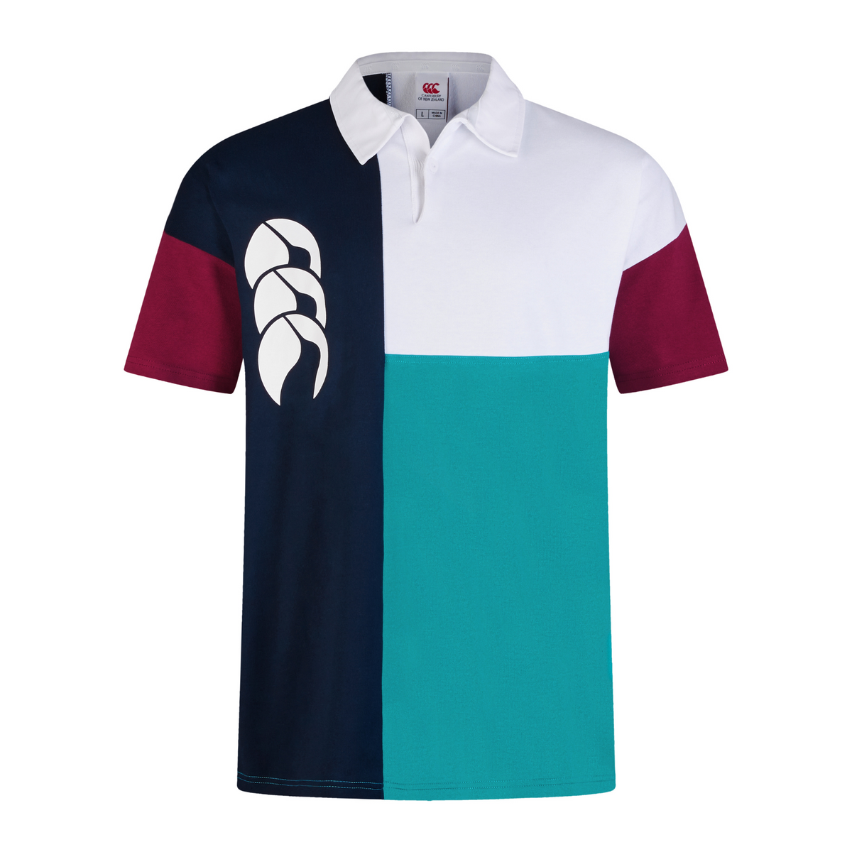 The Canterbury Harlequin Short Sleeve Rugby Jersey features a bold color block design in dark blue, teal, maroon, and white with Canterbury&#39;s white logo on the left chest.