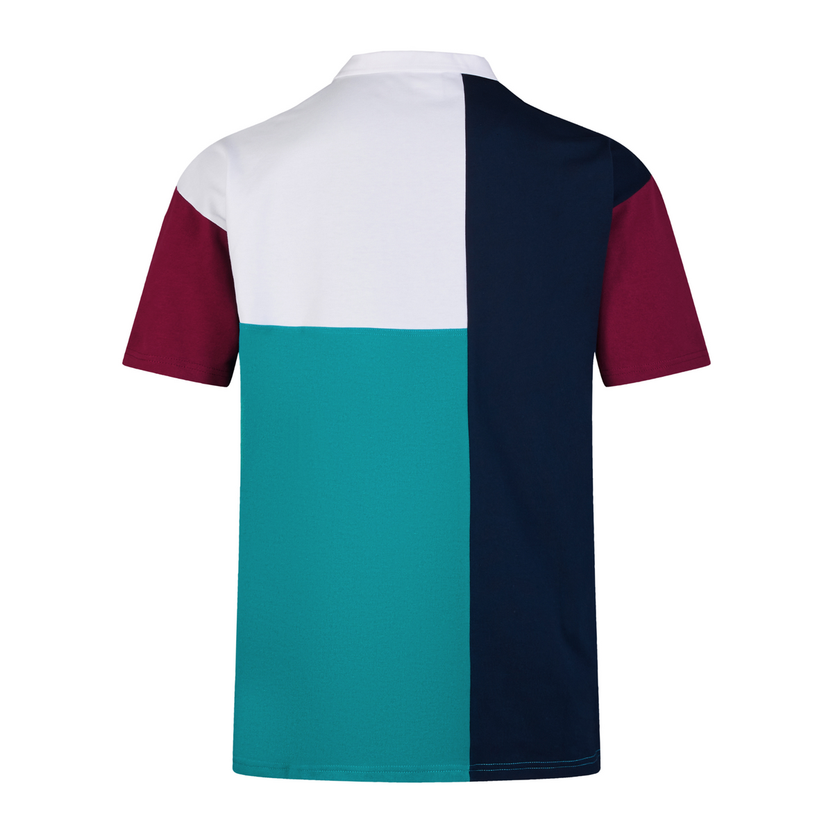 The back view of the Canterbury Harlequin Short Sleeve Rugby Jersey features a classic rugby style with a color-block design in white, teal, navy, and maroon.