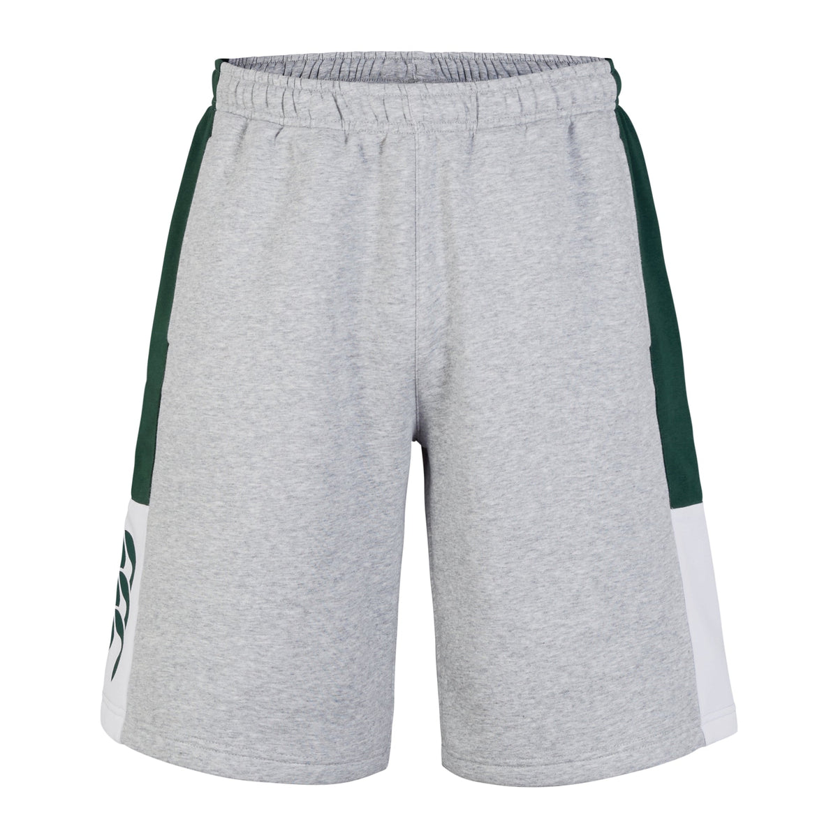 These gray athletic shorts, featuring an elastic waistband and dark green side panels in a subtle harlequin color-block pattern, mirror the classic style of Canterbury Legends Shorts. Ideal for rugby fans and casual wear.