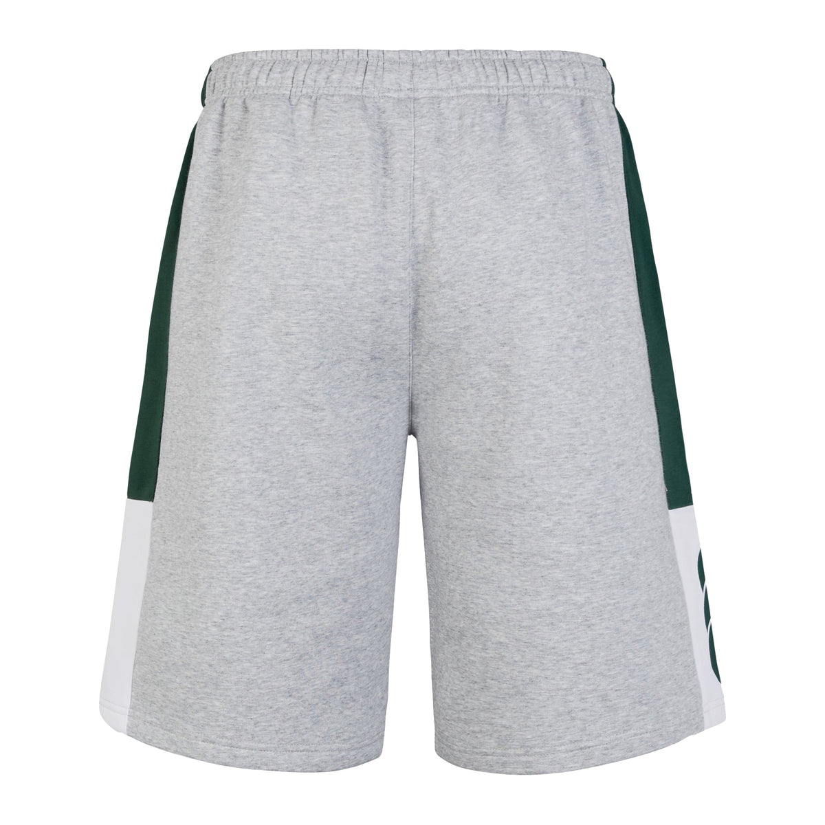 The Canterbury Legends Short by Canterbury features gray athletic shorts with an elastic waistband, showcasing a harlequin color-block pattern in green and white side panels, along with a small logo on the lower side.