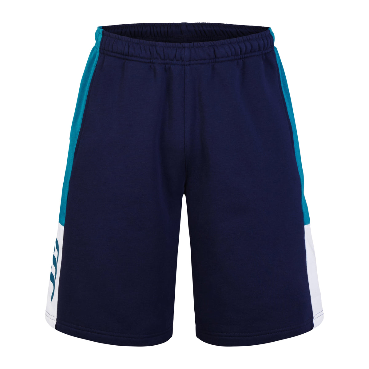 The Canterbury Harlequin Legends Short features a black body with teal side panels, white leg sections, an elastic waistband, and the logo on the left leg, reflecting Canterbury's heritage.