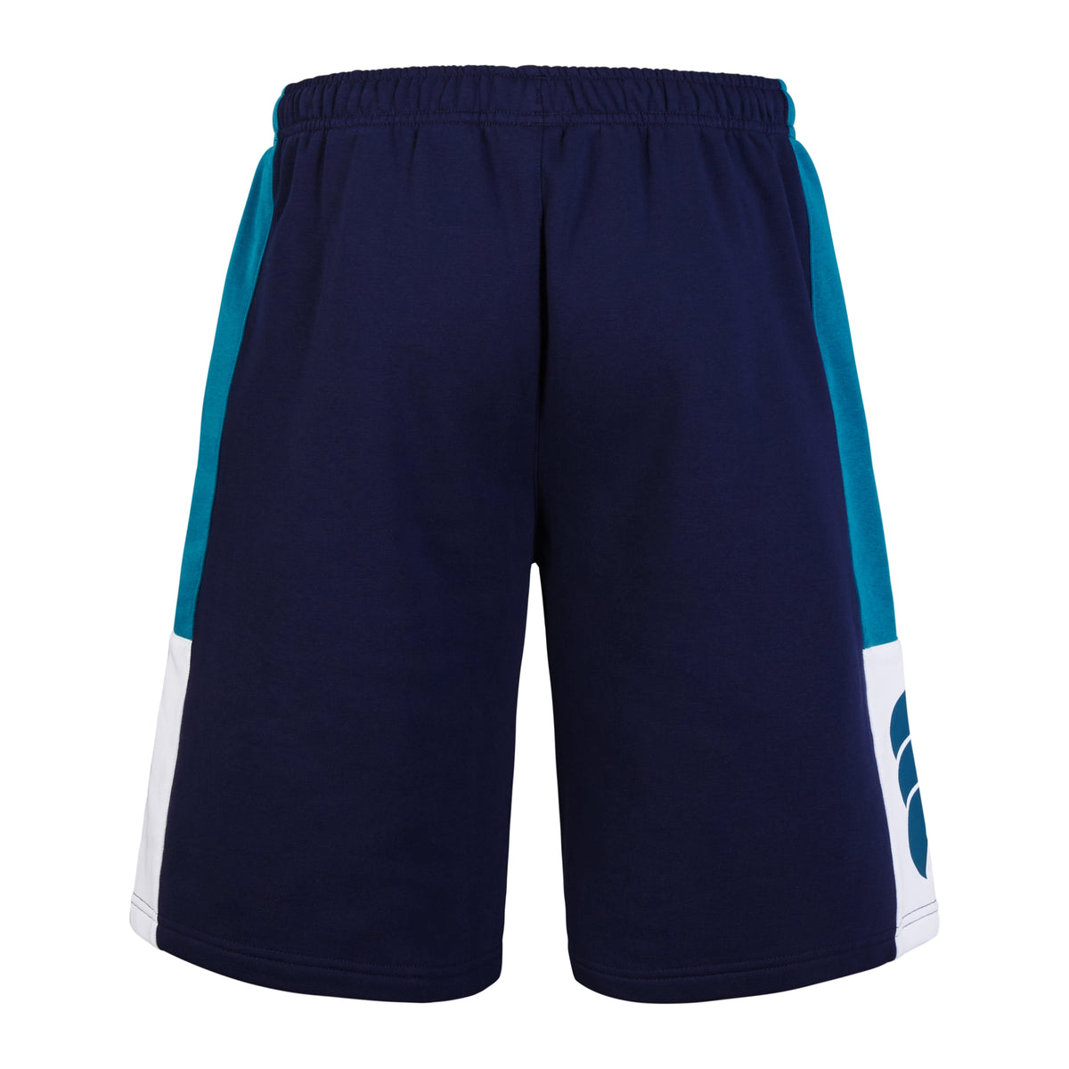The Canterbury Harlequin Legends Short in navy blue features teal and white side panels and an elastic waistband, inspired by classic Canterbury rugby shorts, offering comfort and style for sports enthusiasts.