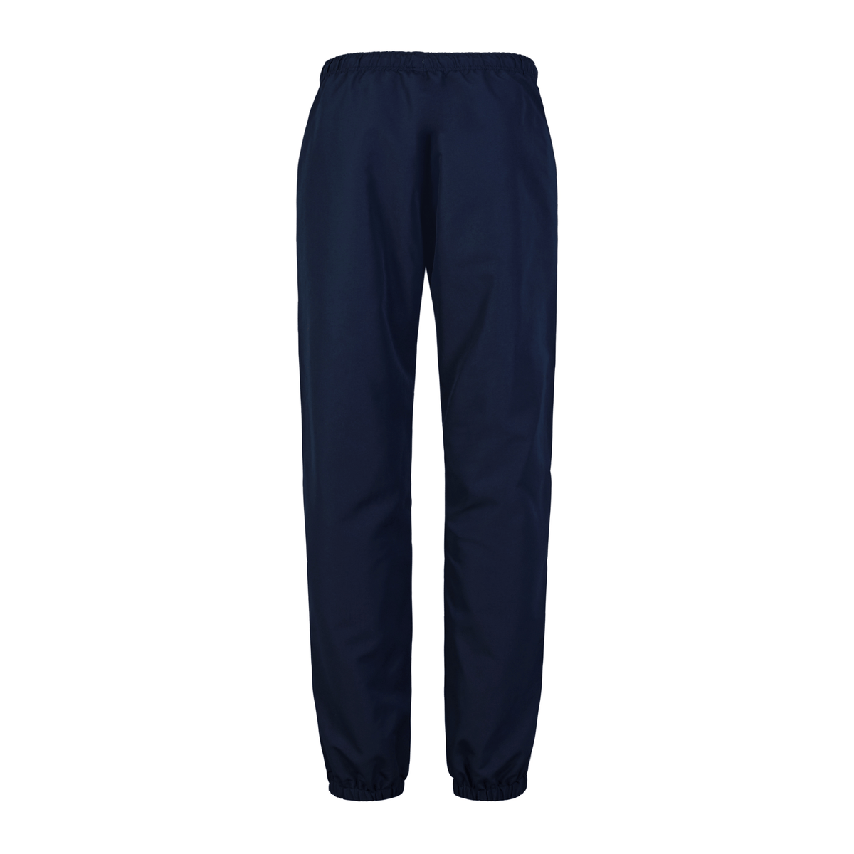 The Canterbury Harlequin Legends Trackpant in dark blue, displayed against a white background, boasts an elastic waistband and cuffs, making it an ideal blend of style and comfort for any rugby enthusiast's wardrobe.