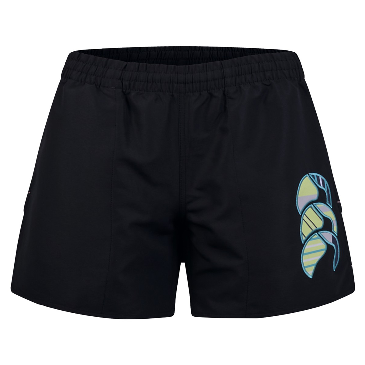 Women&#39;s Canterbury Uglies 5&quot; Tactic Short by Canterbury features an elastic waistband with a vibrant abstract design on the left leg, made from durable polyester fabric.