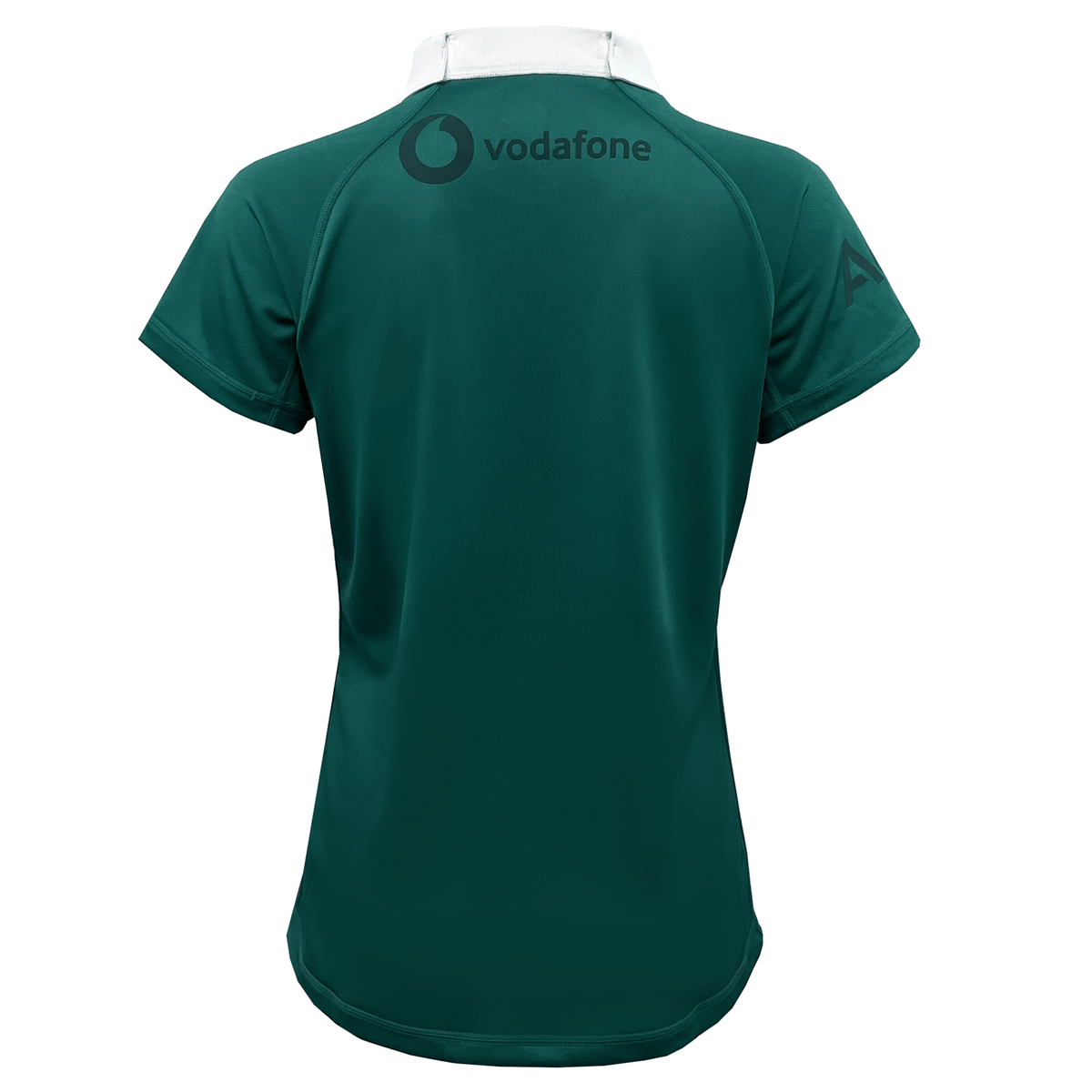 Back view of the dark green Women&#39;s Ireland 150th Anniversary Pro Home Jersey by Canterbury with a white collar, featuring the Vodafone logo. It celebrates 150 years and is crafted with Vapodri Technology for ultimate comfort.