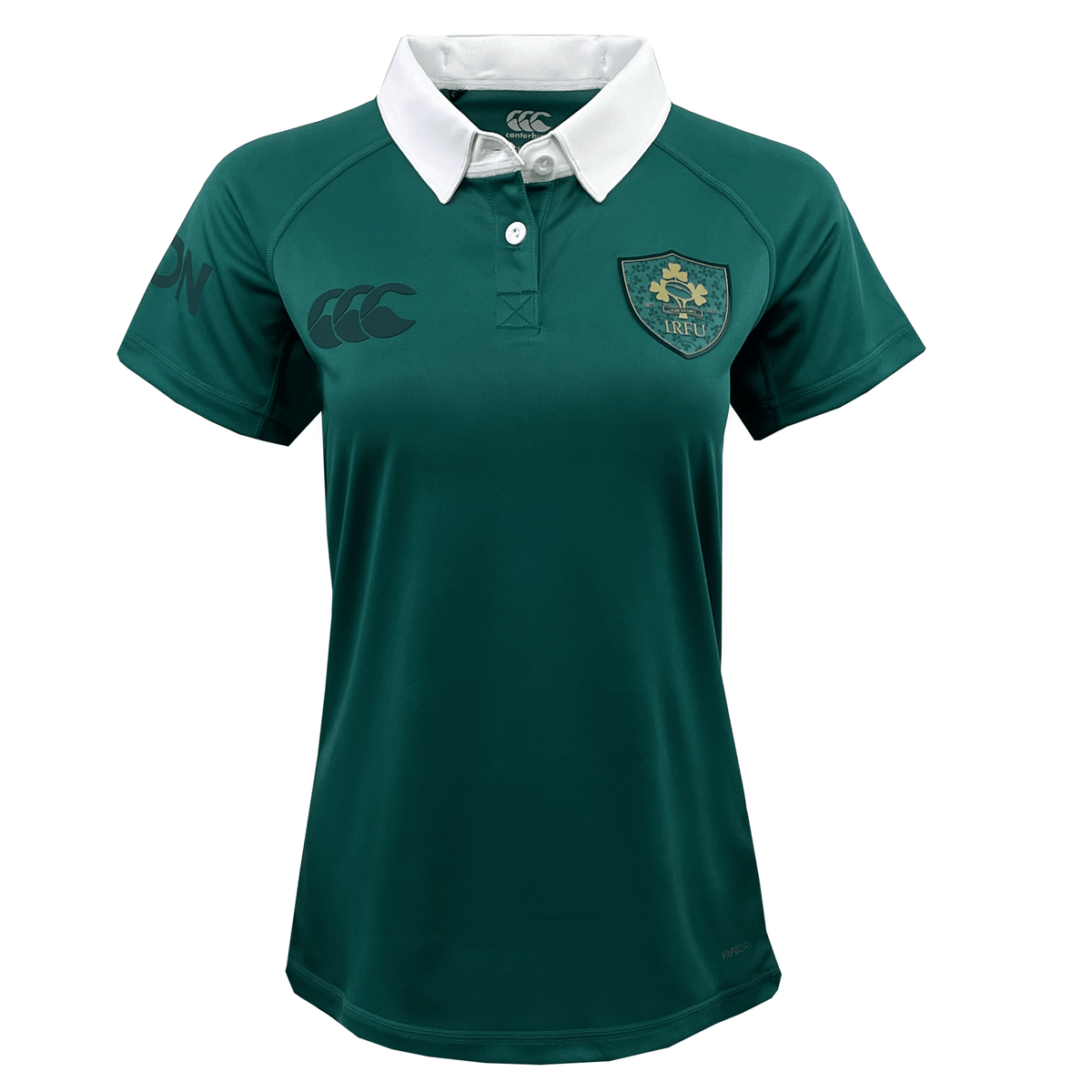 Celebrate in style with the Women&#39;s Ireland 150th Anniversary Pro Home Jersey by Canterbury. This green jersey features a white collar, short sleeves, and team emblems on the chest and shoulders, enhanced with Vapodri Technology to keep you cool under pressure.