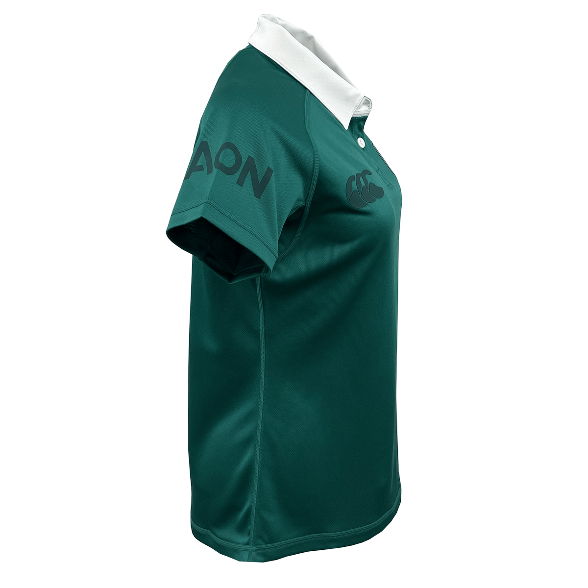 The Women&#39;s Ireland 150th Anniversary Pro Home Jersey by Canterbury showcases a green design with a white collar and short sleeves. It features logos on the chest and sleeve, integrates Vapodri Technology for comfort, and is displayed on a white background.