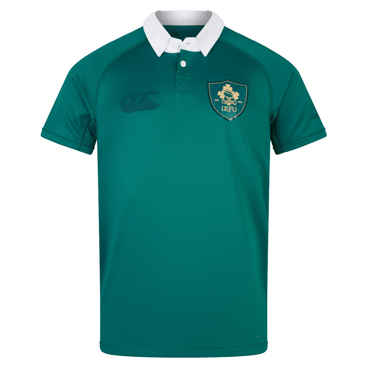 Celebrate the 150th Anniversary with the Youth Ireland Pro Home Jersey by Canterbury. This green rugby shirt features a white collar, the IRFU logo on the chest, and the iconic Canterbury logo on the right side, perfect for young Ireland rugby enthusiasts.
