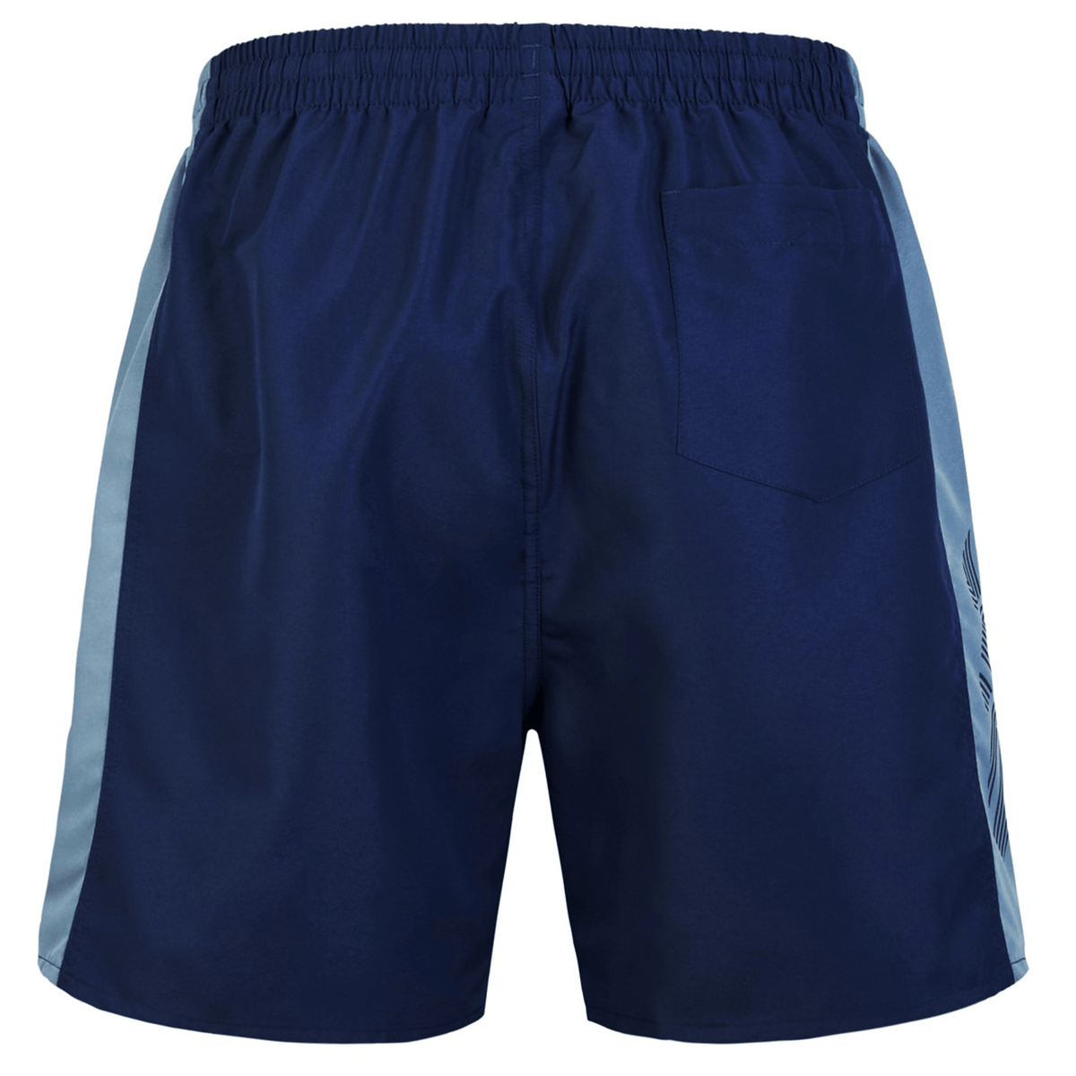 The Canterbury Fundamental 5" Panel Tactic Short, in navy blue with light blue side stripes, features an elastic waistband and back pocket. These quick-drying shorts ensure comfort and performance, making them ideal for any activity.