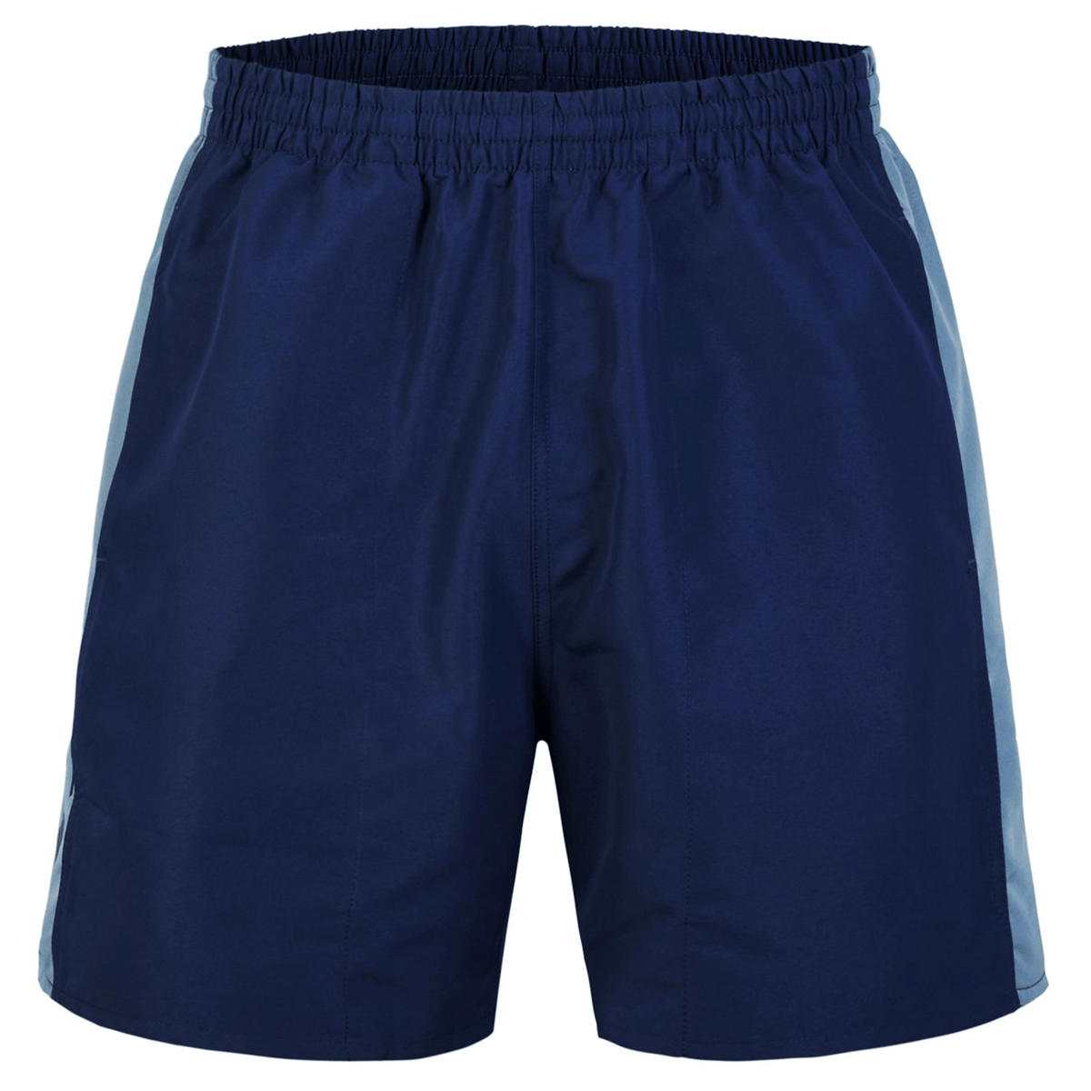 Introducing the blue Canterbury Fundamental 5" Panel Tactic Short, featuring light gray side stripes and an elastic waistband. These shorts are designed by Canterbury for optimal performance, offering quick drying comfort.