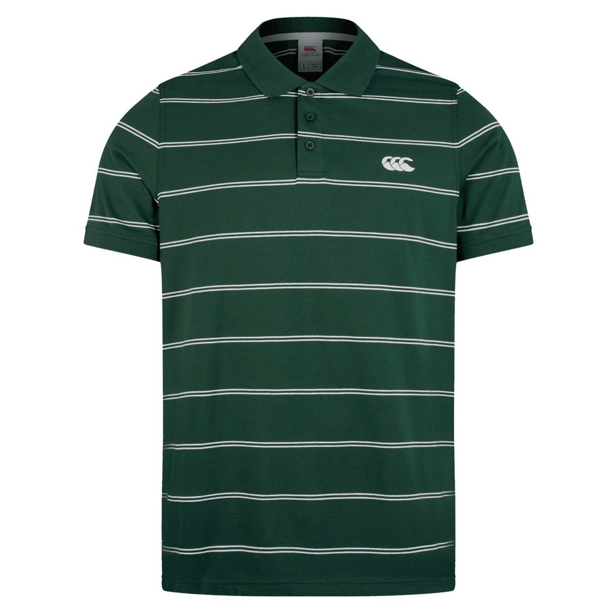 The Canterbury Fundamental Yarn-Dye Stripe Polo in green and white features three buttons and a left chest logo.