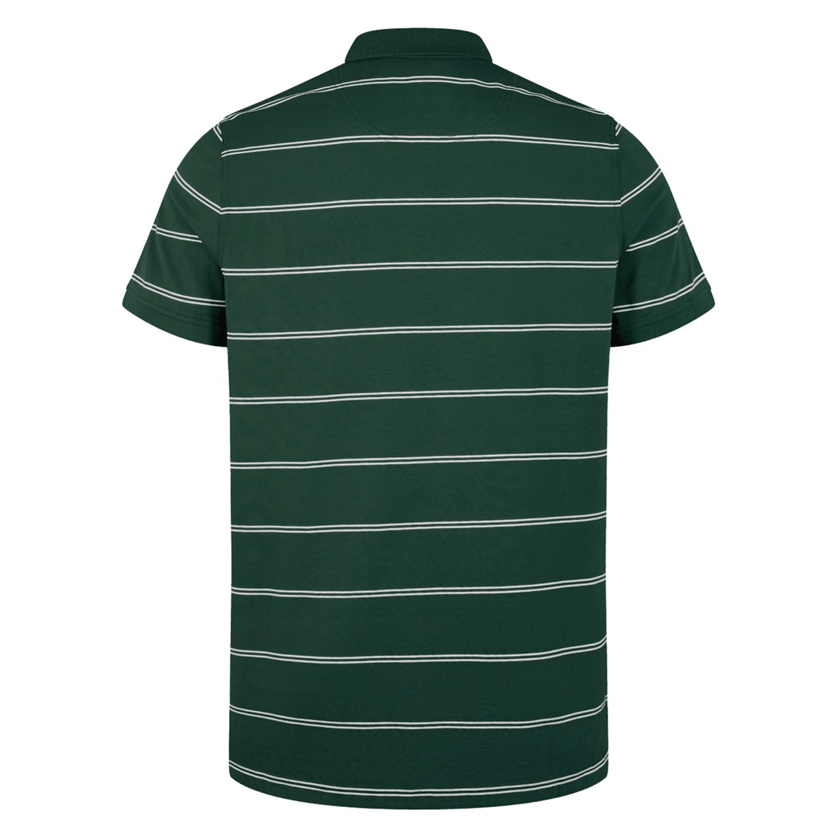 Back view of the Canterbury Fundamental Yarn-Dye Stripe Polo in dark green with white horizontal stripes.