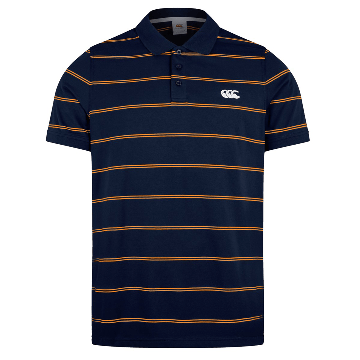The Canterbury Fundamental Yarn-Dye Stripe Polo features classic navy and orange stripes with a three-button collar. A sleek white Canterbury logo adorns the left chest for added distinction.